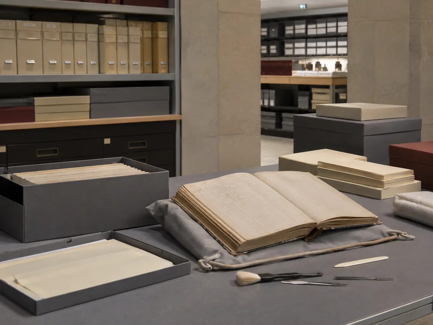 Archive boxes and bound volumes held in controlled preservation storage
