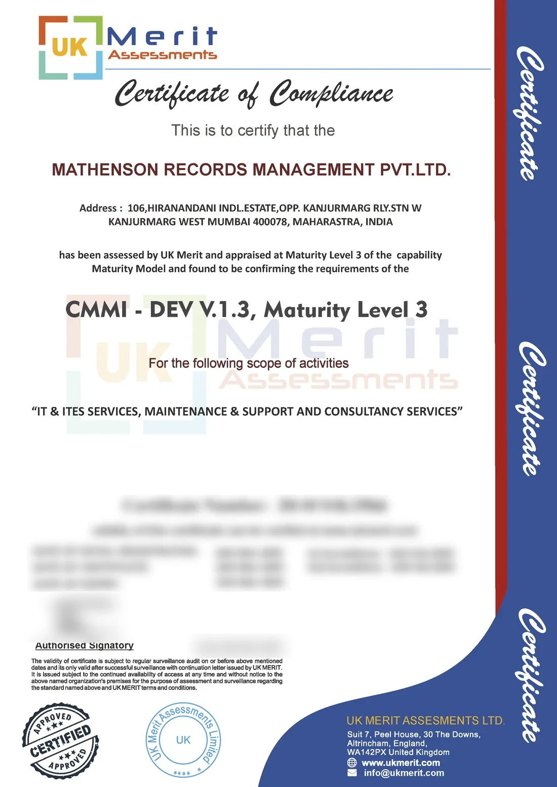 Masked copy of Mathenson's CMMI-DEV v1.3 Maturity Level 3 certificate of compliance. Certificate number, dates and signature are obscured.