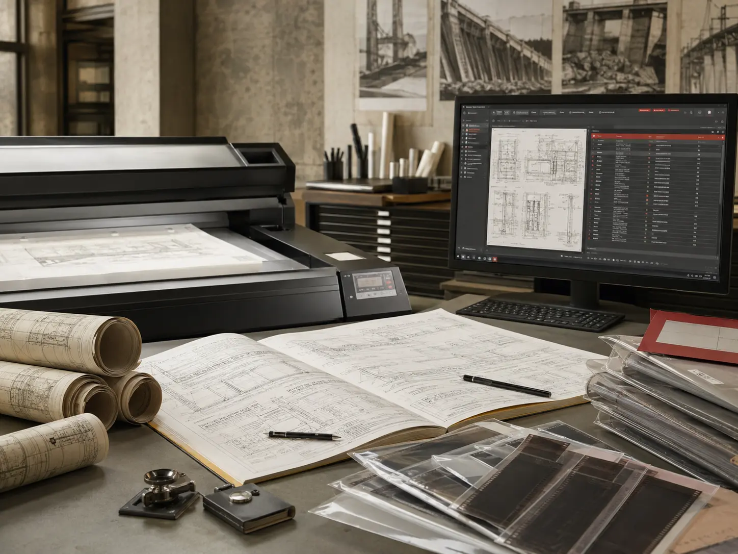 Technical drawings and plant documentation used in an engineering setting