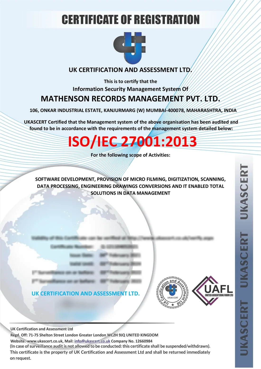 Masked copy of Mathenson's ISO/IEC 27001:2013 information security certificate. Certificate number, dates and signature are obscured.