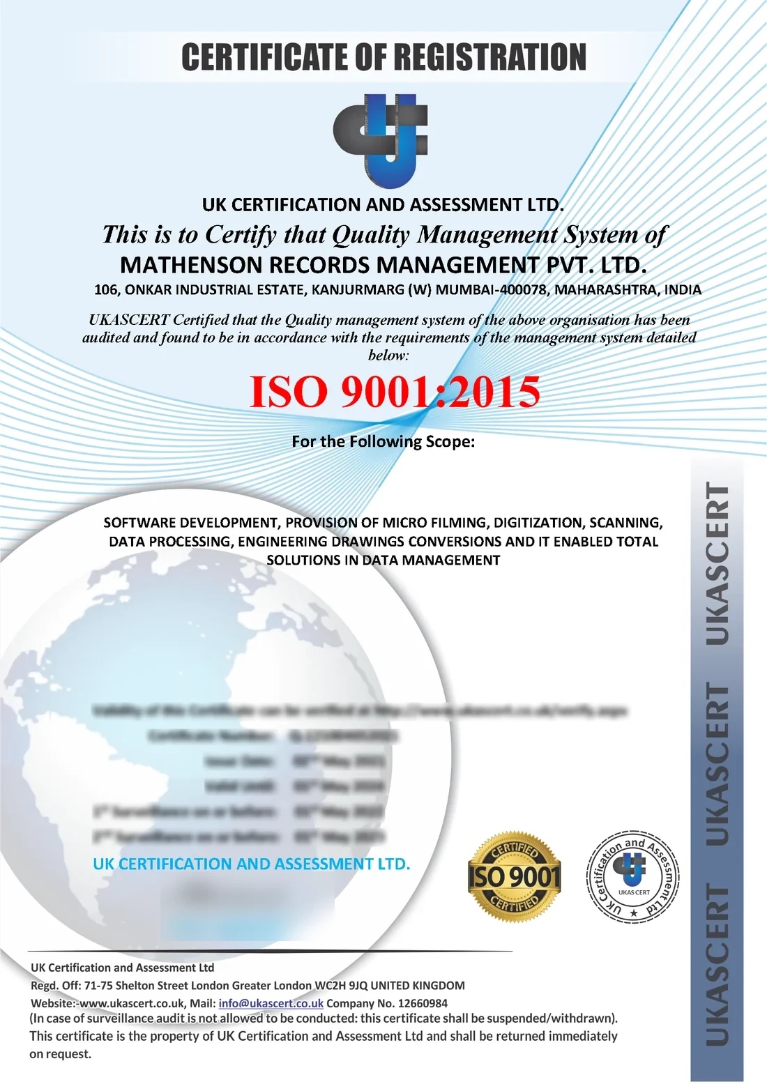 Masked copy of Mathenson's ISO 9001:2015 quality management certificate. Certificate number, dates and signature are obscured.
