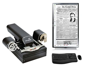 ViewScan microfilm reader-scanner with newspaper page displayed on screen